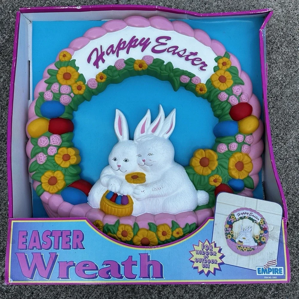 Vintage 1995 EMPIRE Blow Mold Easter Egg Rabbit Bunny & Basket Flowers Wreath